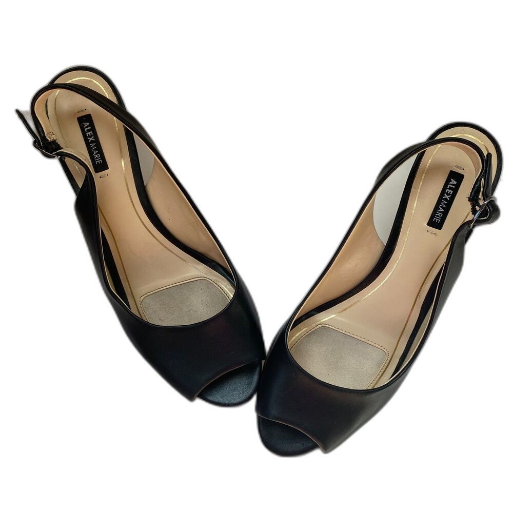 ALEX MARIE Black Leather Open Toe Adjustable Strap Slingback 2 1/2" Heel Size 9